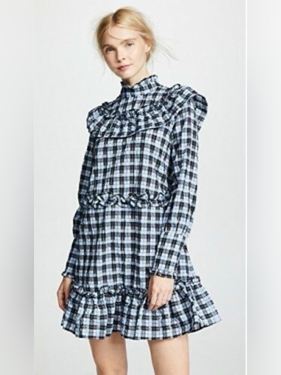 Ganni Dresses & Skirts - GANNI Charron Checked Seersucker Ruffle Mini Dress Serenity Blue Size 36